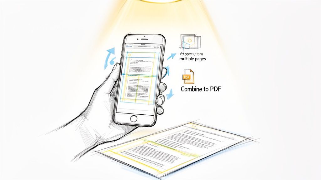 A hand holds a smartphone scanning a document, showing multiple pages combining into a PDF.