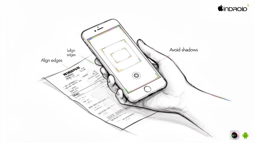 A hand holds a smartphone, showing how to scan a receipt with tips like 'Align edges' and 'Avoid shadows'.