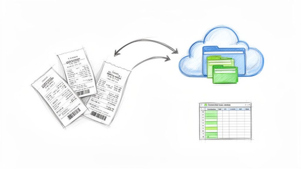 Paper receipts being digitised and uploaded to a cloud for storage and management in a spreadsheet.