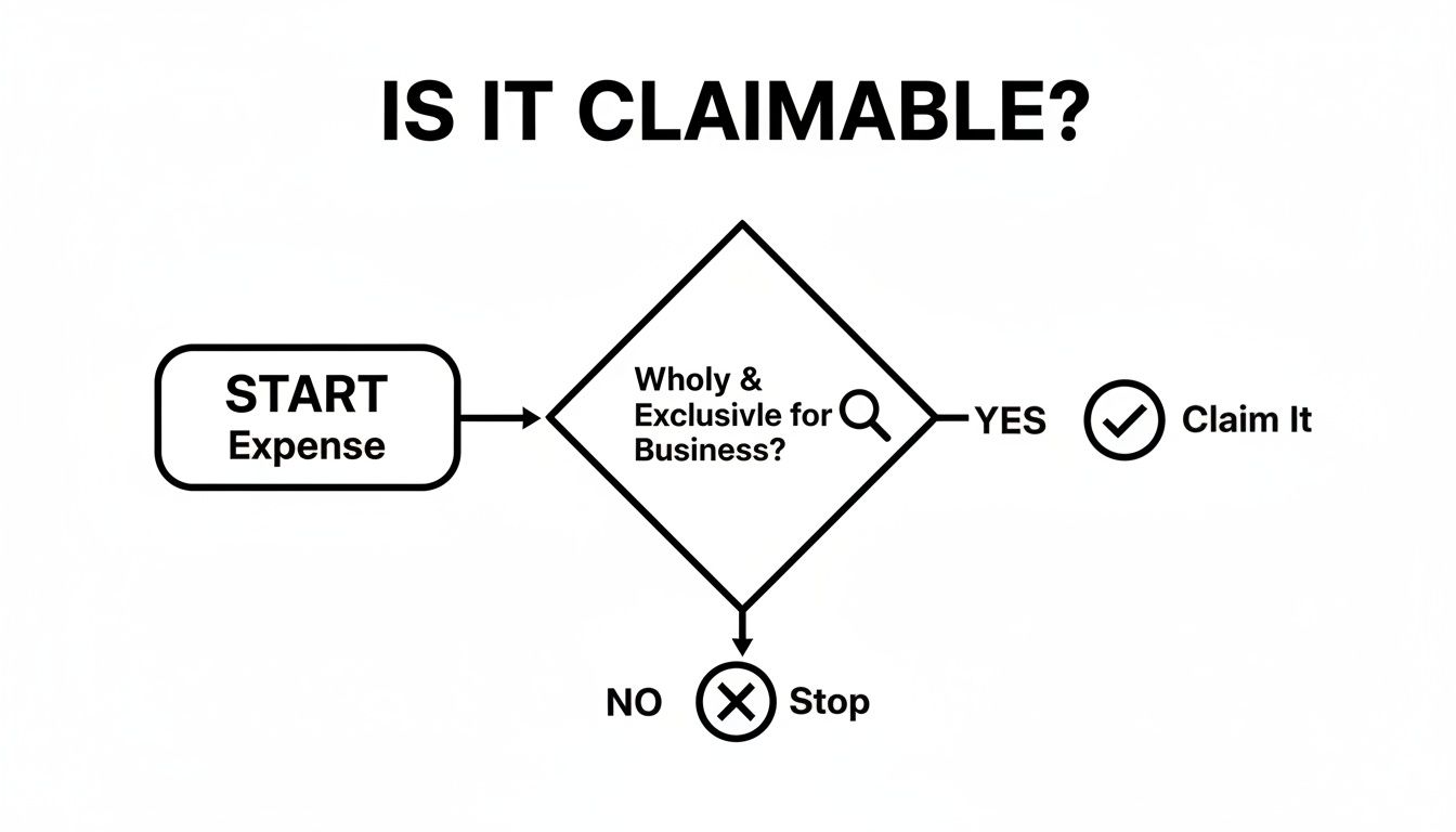 Flowchart answering 'Is it claimable?' for an expense based on being wholly and exclusively for business.