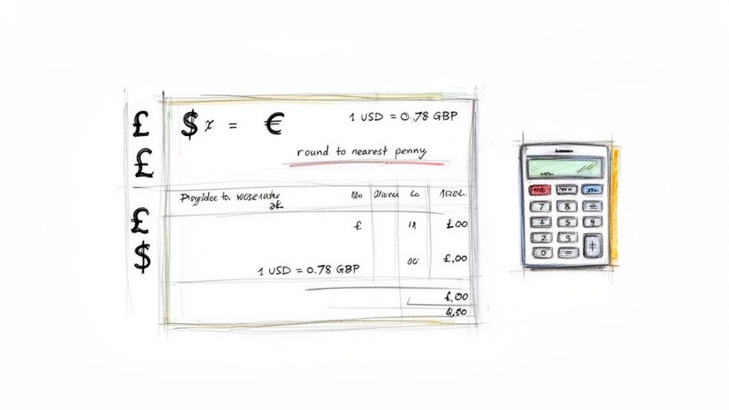 Hand-drawn sketch of a currency exchange calculation sheet with an exchange rate and calculator.