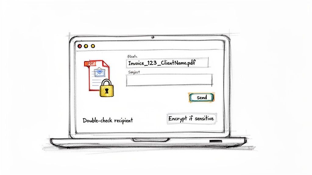 Sketch of a laptop email interface with a PDF invoice attachment, padlock, and send security options.
