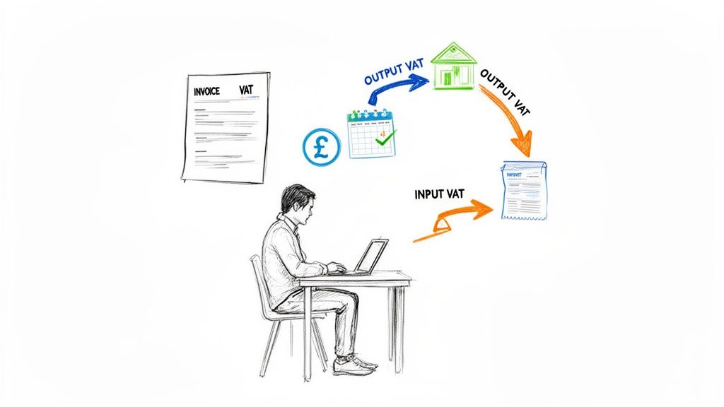 A man on a laptop calculating VAT, with invoices, a calendar, currency, and a house symbolizing output and input VAT.