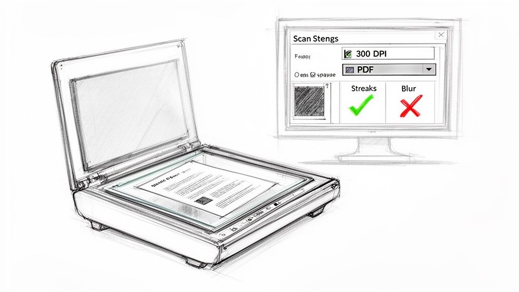 A sketch illustrates a document scanner with a paper, and a monitor showing scan settings and quality options.