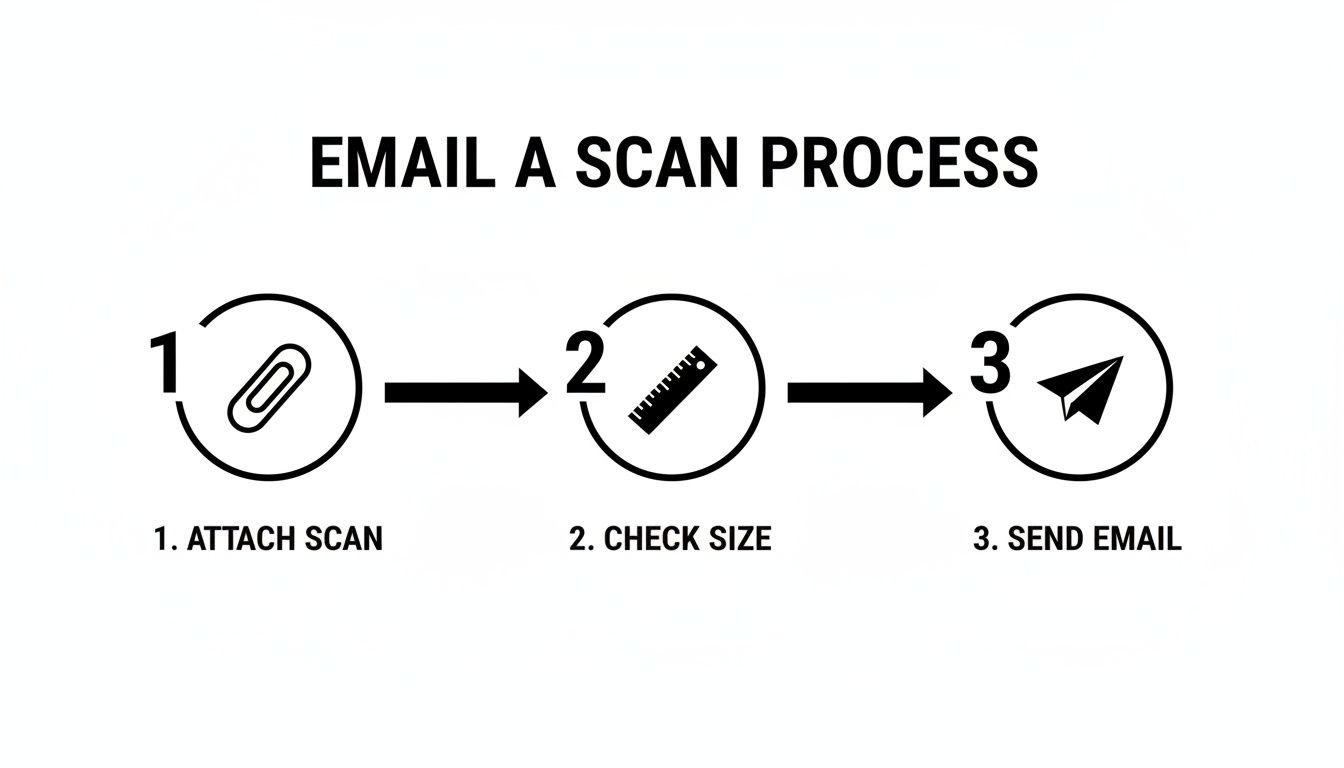 A 3-step infographic titled 'EMAIL A SCAN PROCESS' showing how to email a document: attach scan, check size, and send email.