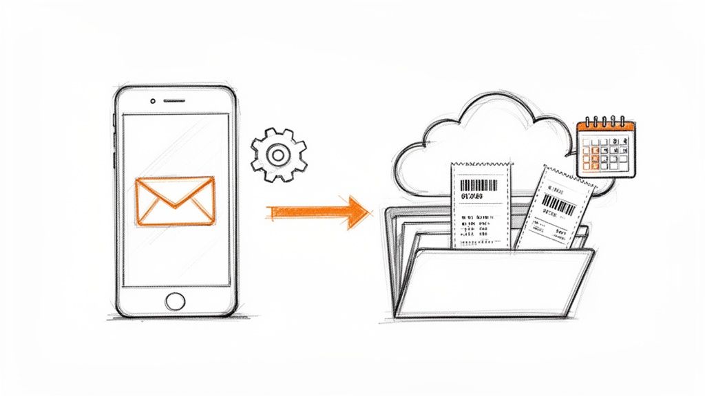 A smartphone sending emails/receipts to a cloud-based folder with calendar for digital expense management.
