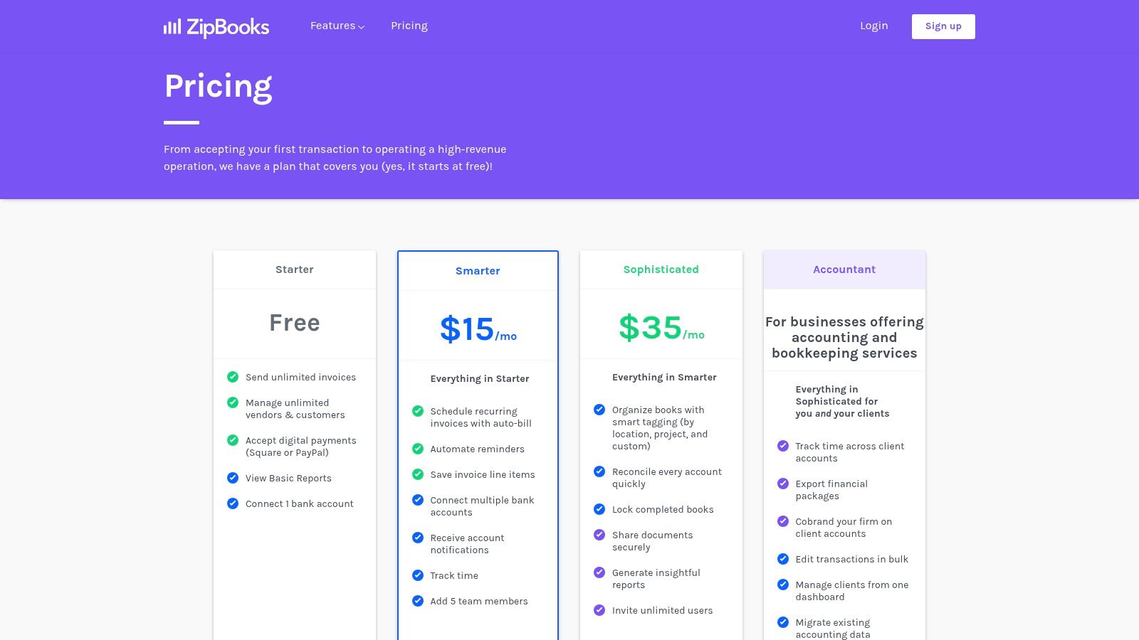 ZipBooks pricing page showing the free Starter plan