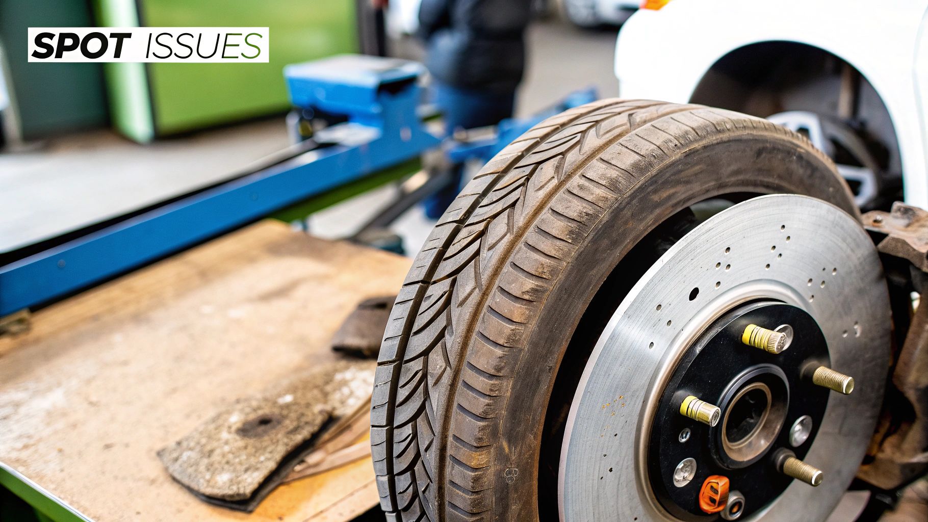 A driver performing a daily vehicle check, focusing on the tyres and wheels.