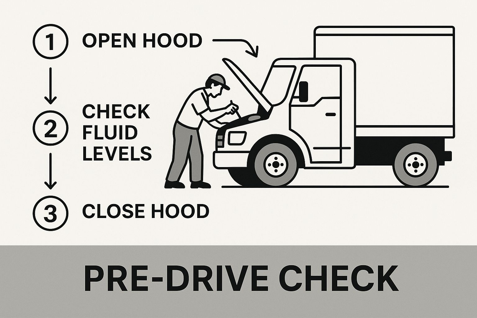 Infographic showing a driver checking fluid levels under a truck's bonnet, with 'Pre-Drive Check' text overlayed.