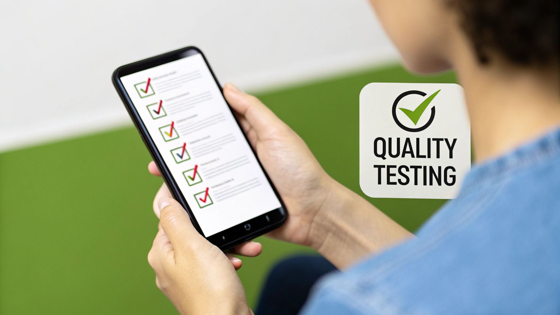 A person testing a mobile app on a smartphone, with code and analytics visible on a computer screen in the background.