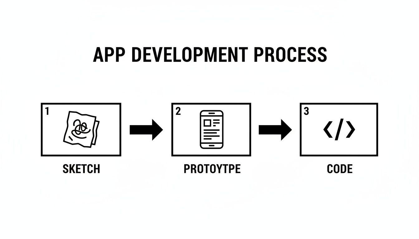 A flowchart outlining the app development process, including steps for sketch, prototype, and code with icons.