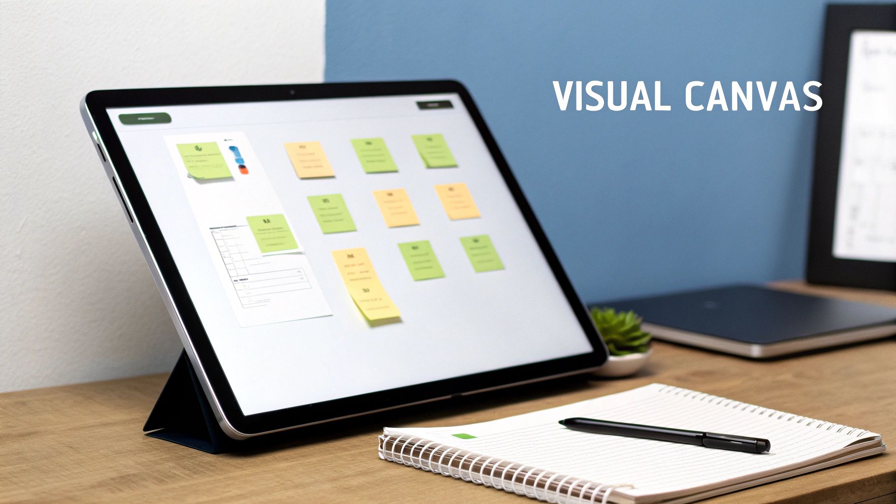 Tablet displaying digital sticky notes on visual canvas with notebook and pen on desk