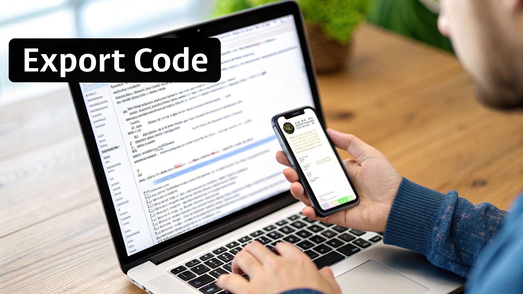 A person programming on a laptop and holding a smartphone, with 'Export Code' text displayed prominently.