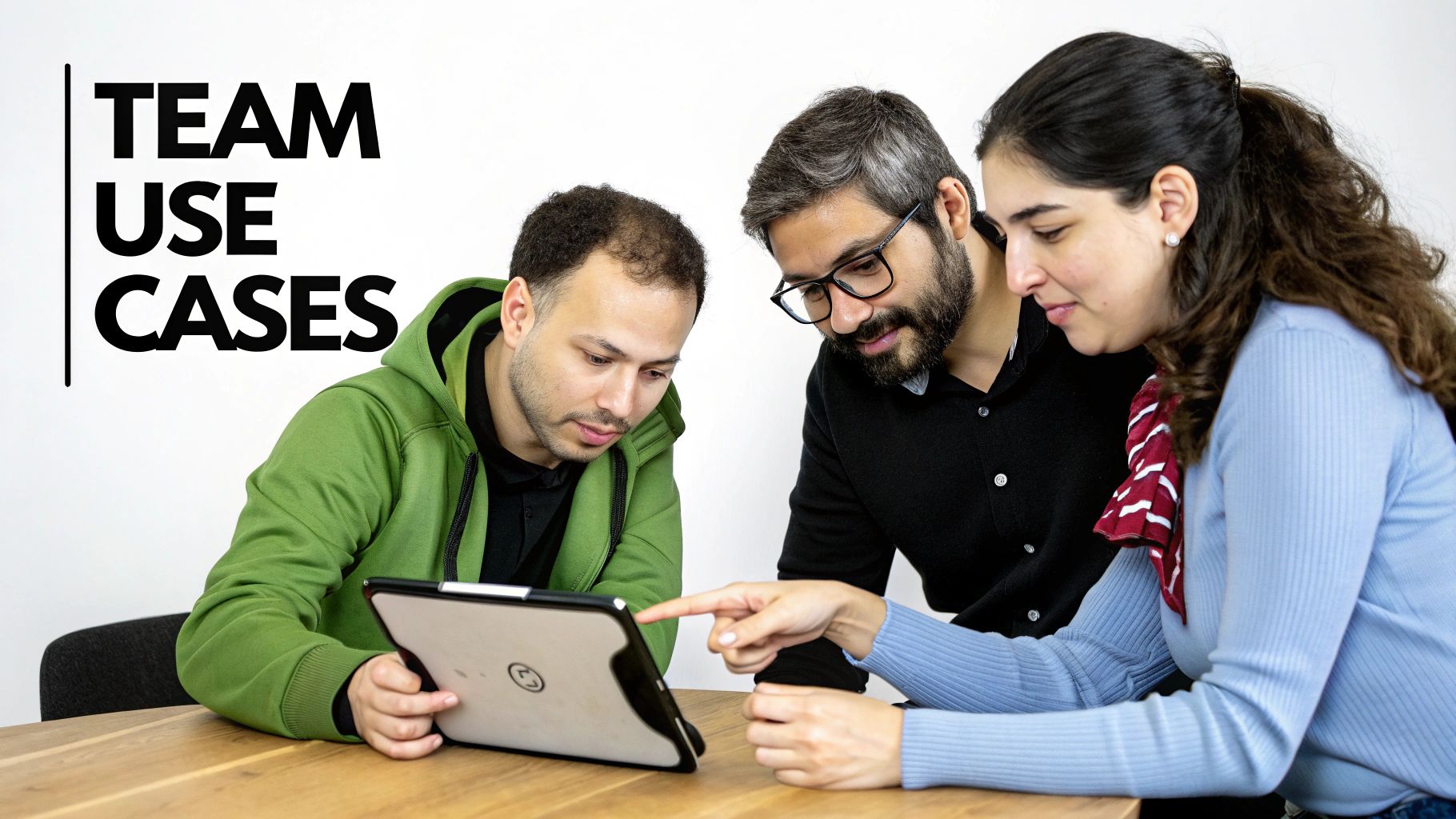 A diverse product team collaborating around a screen showing a design being converted to an app.