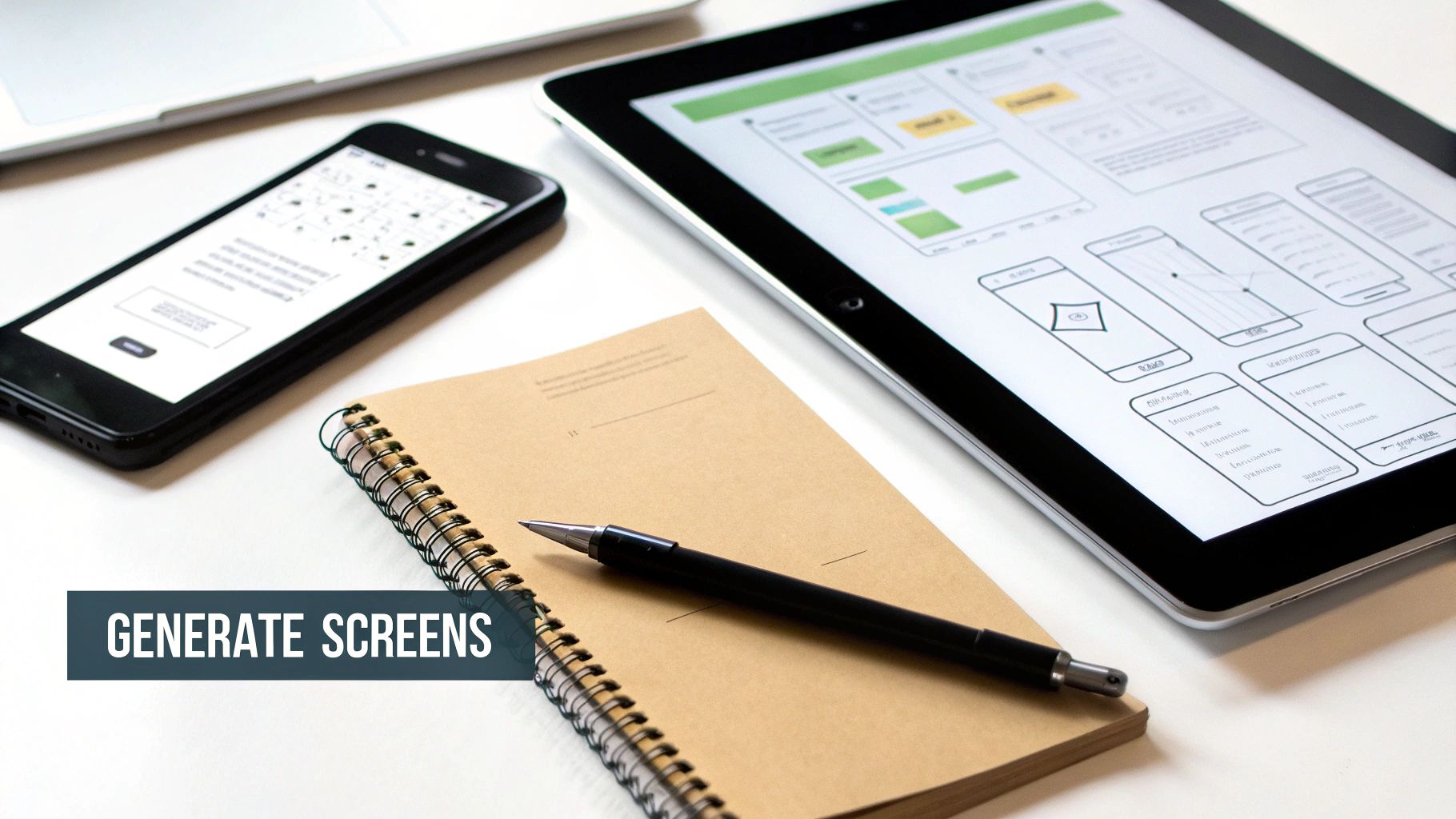 Desk with a smartphone and tablet displaying app UI wireframes, a notebook, and a pen.