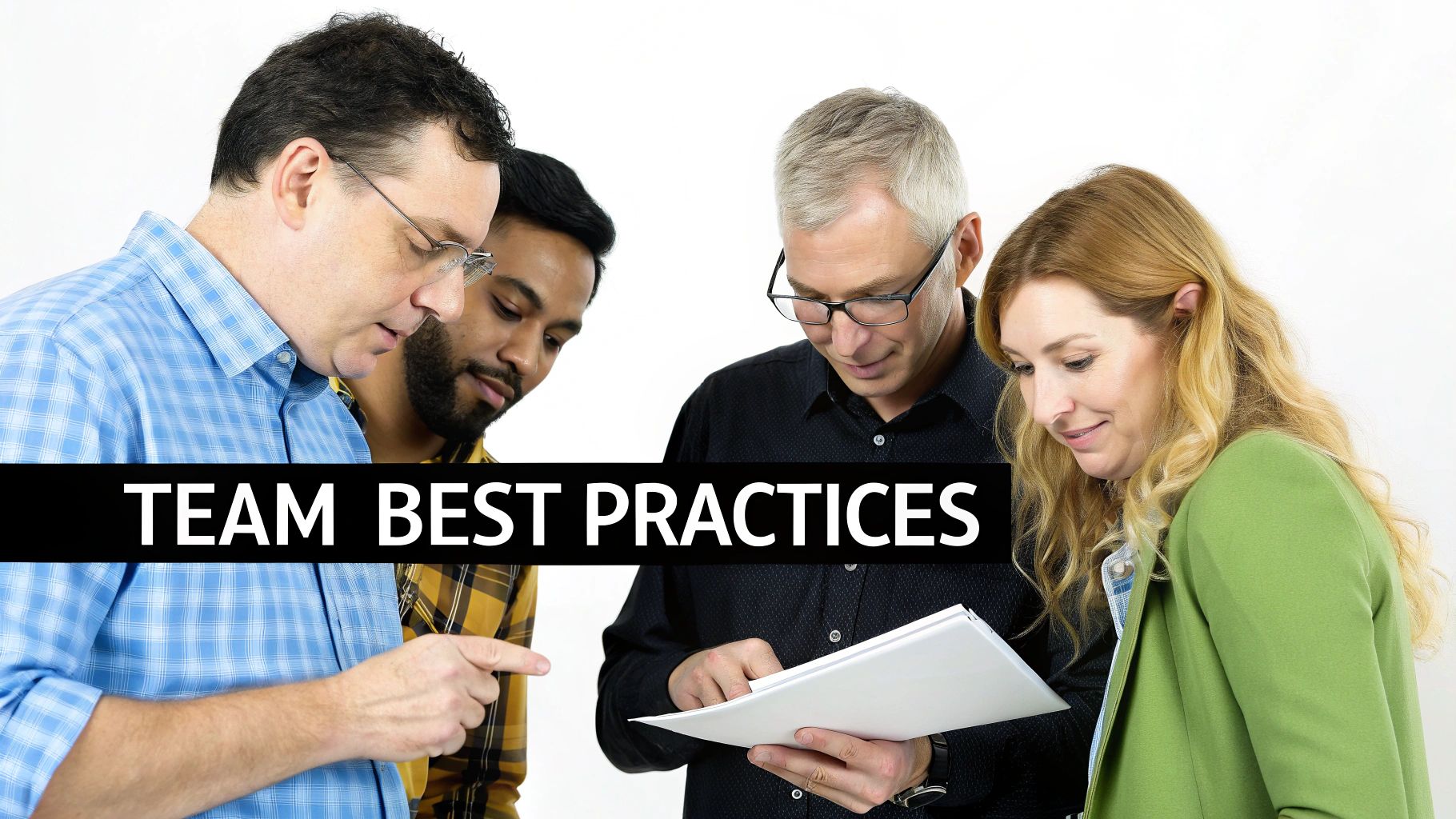 Diverse business professionals collaborate intently, reviewing documents and discussing 'TEAM BEST PRACTICES'.