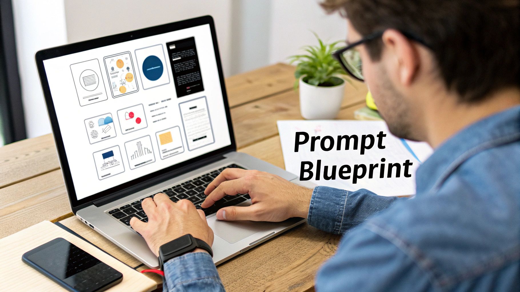 A person types on a laptop displaying UI/UX design mockups, with 'Prompt Blueprint' text visible.