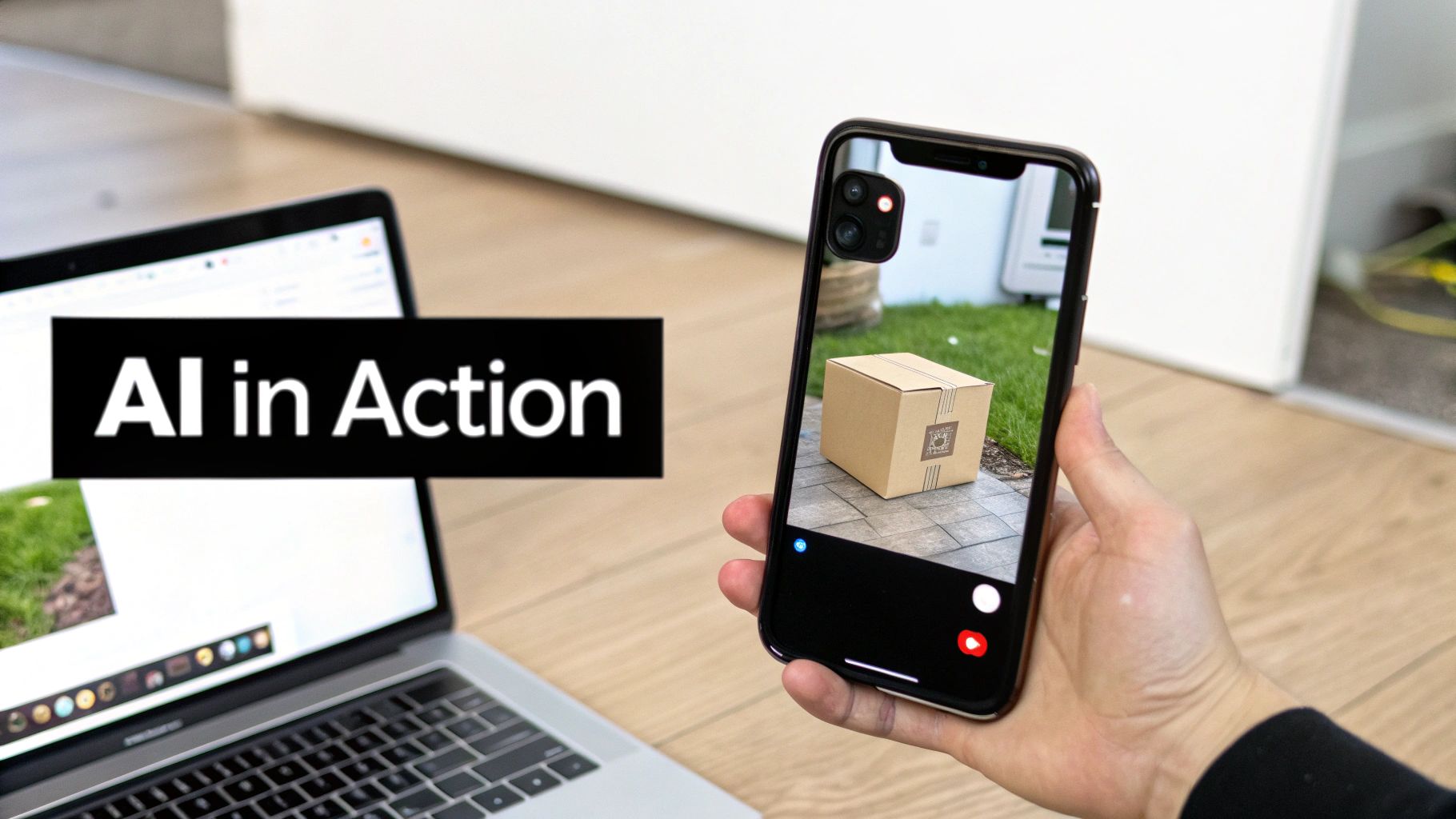 Smartphone showing an augmented reality box on a patio, with a laptop displaying 'AI in Action'.