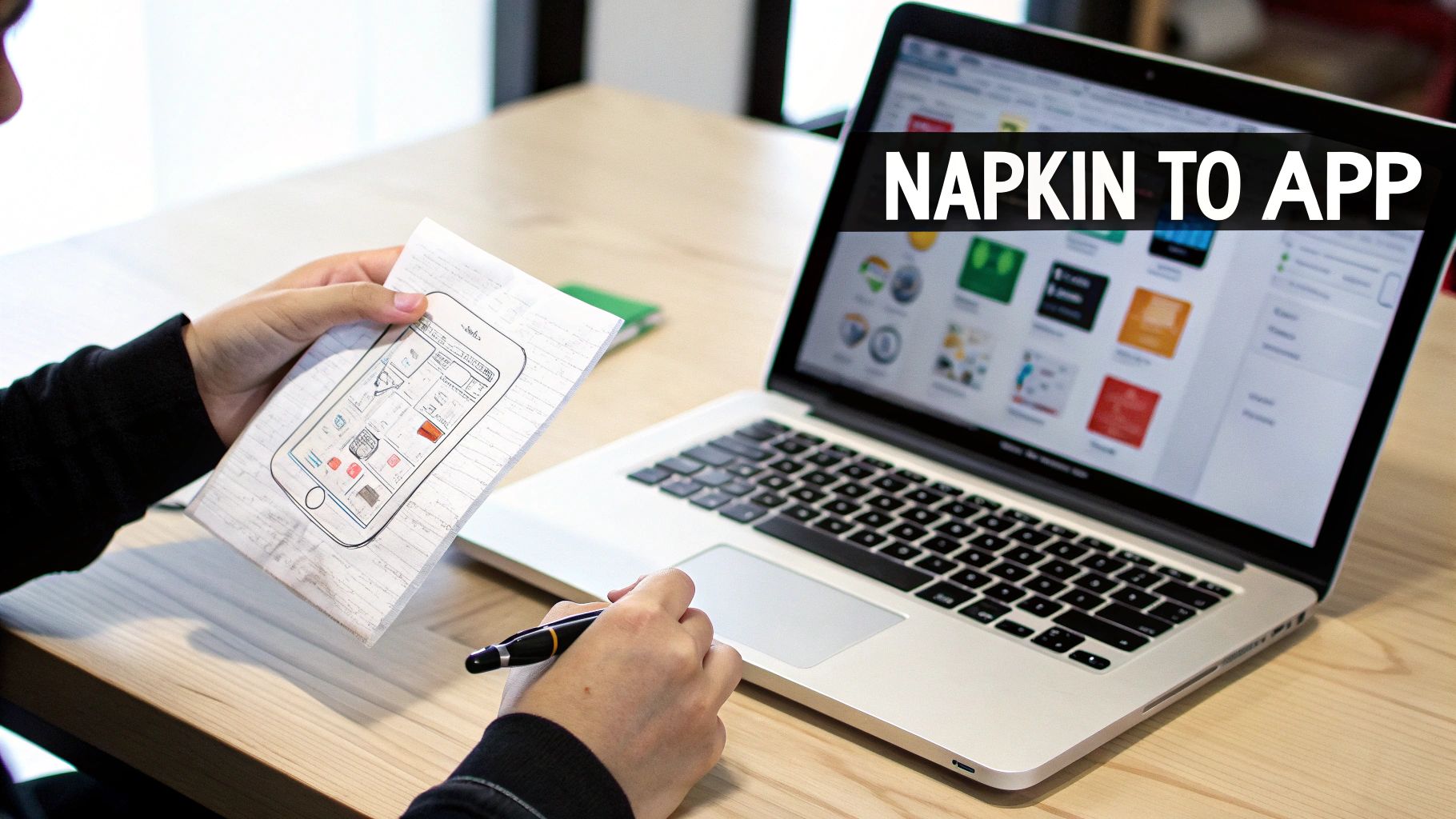 Person comparing a hand-drawn mobile app sketch with a laptop displaying app development software.