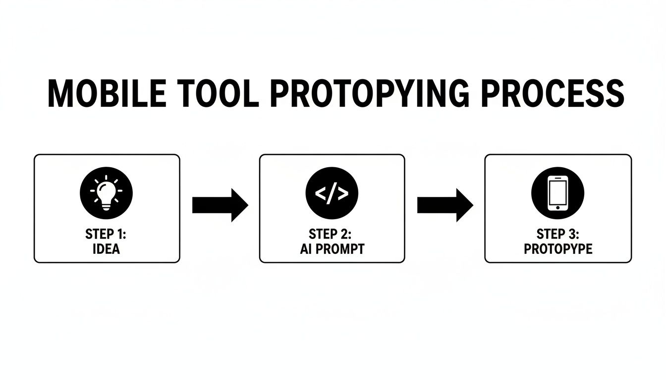 Flowchart illustrating a mobile tool prototyping process, from idea generation to AI prompting and final prototype creation.