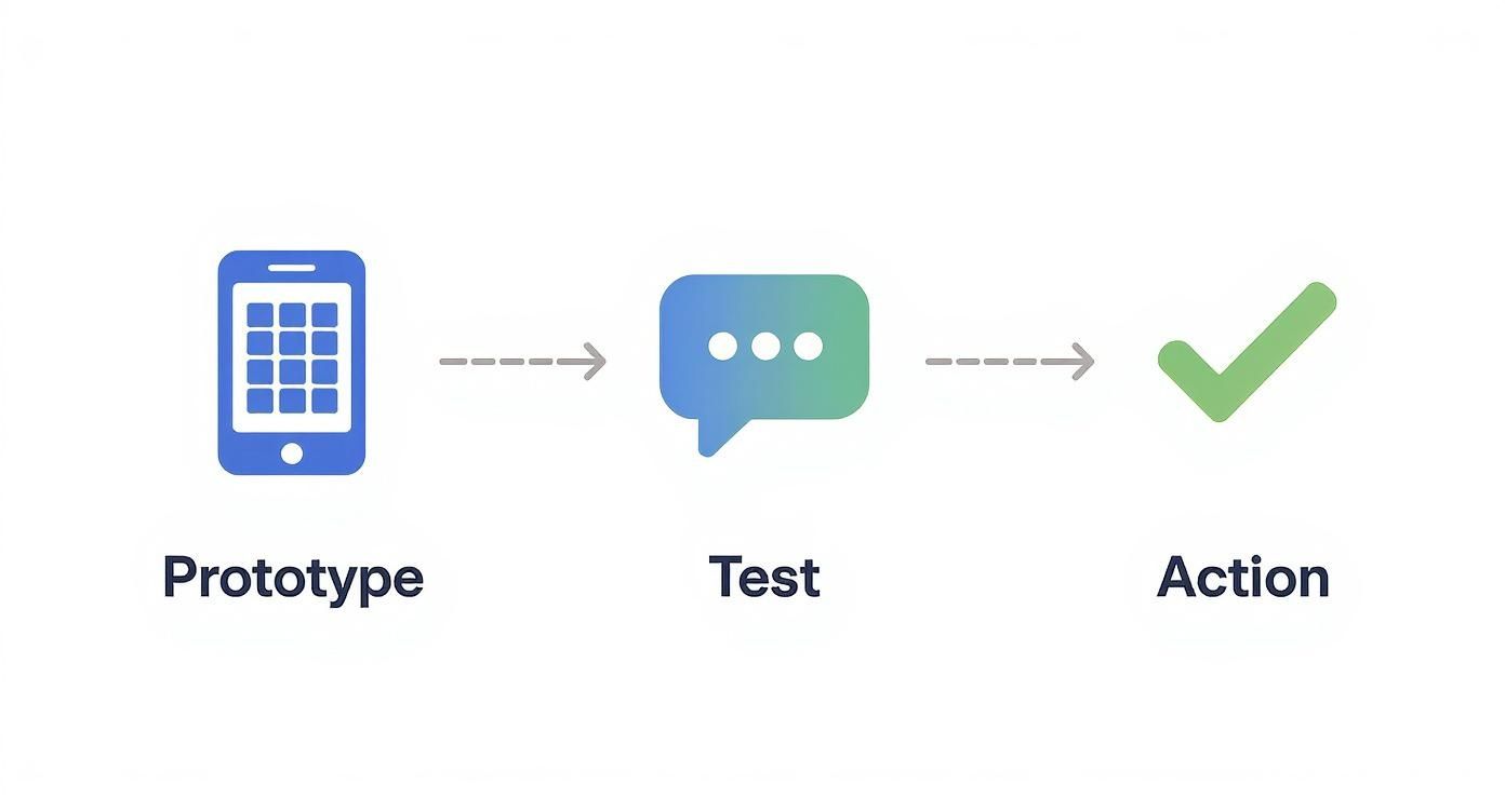 A product validation process diagram with icons for Prototype (smartphone), Test (chat bubble), and Action (checkmark).