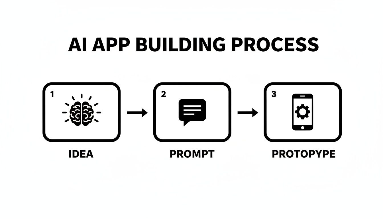 A visual diagram outlining the AI app building process with steps: Idea, Prompt, and Prototype.
