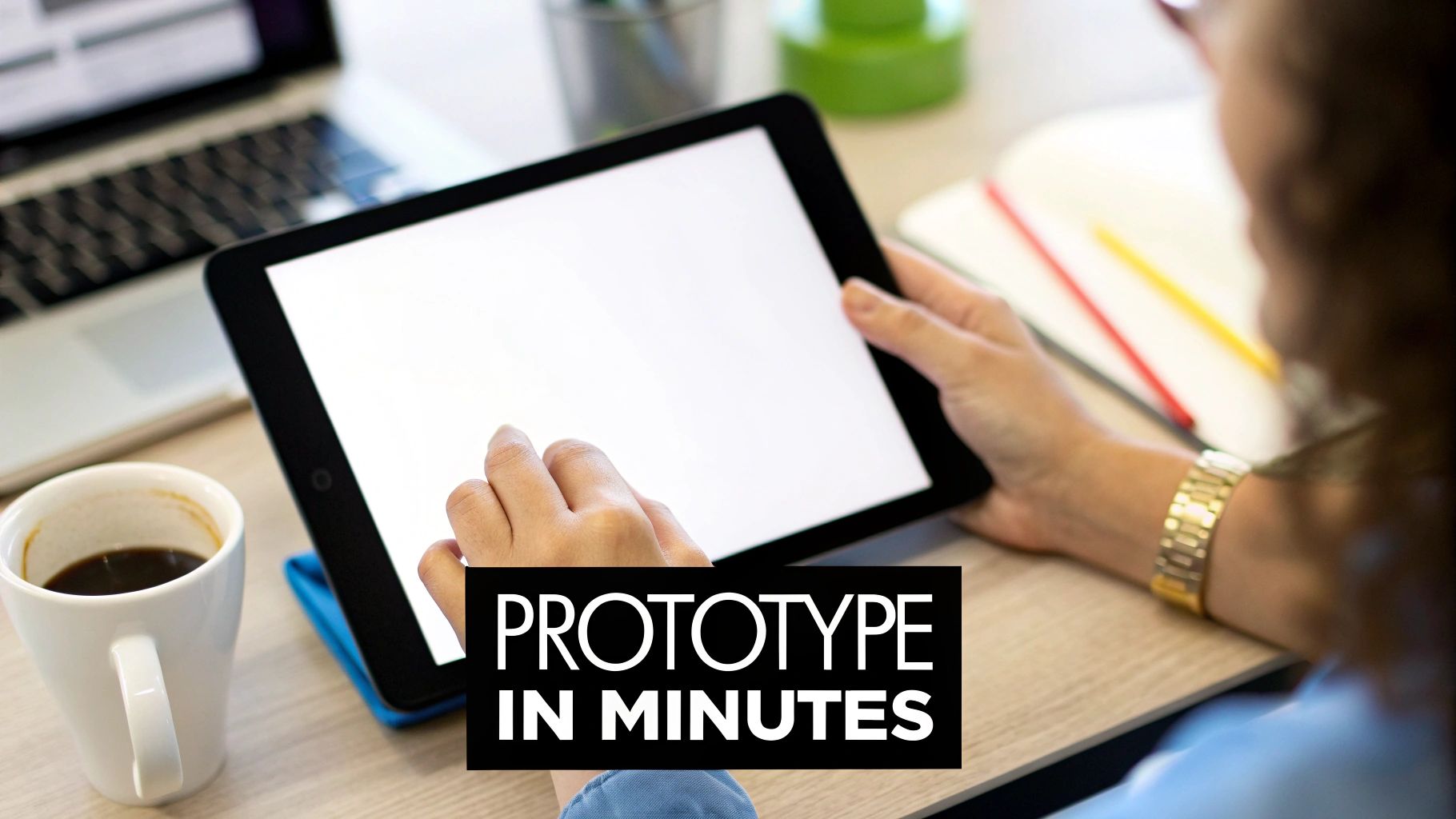 A person's hands interact with a tablet, showing a blank screen for prototyping, with a laptop and coffee.