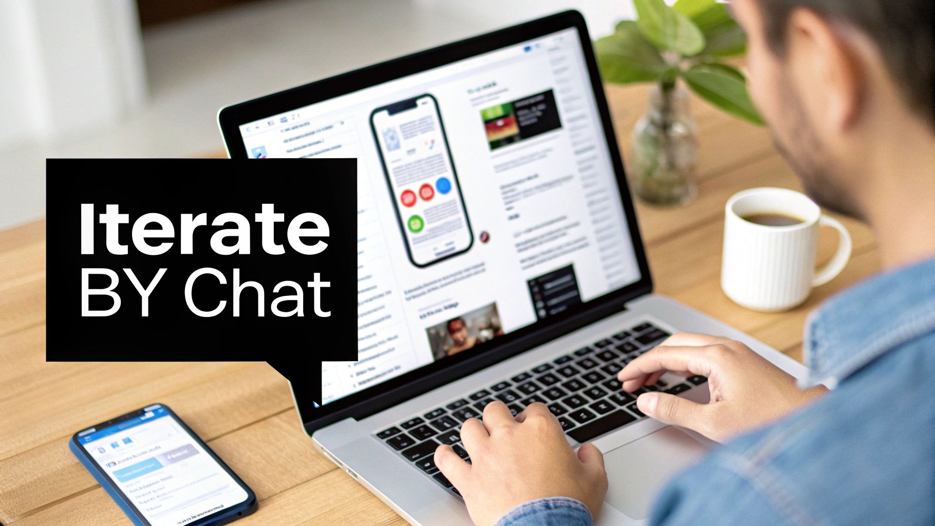 Person using laptop and smartphone showing Iterate BY Chat app builder interface with colorful mobile mockup
