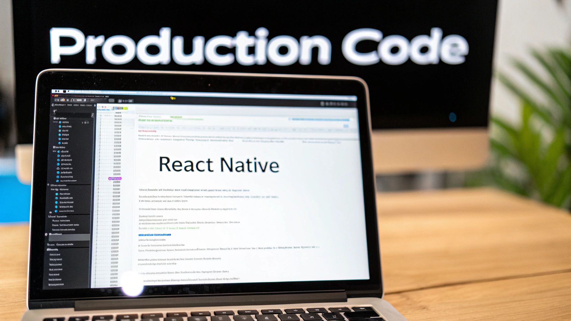 A laptop displaying 'React Native' with 'Production Code' on a monitor in the background.