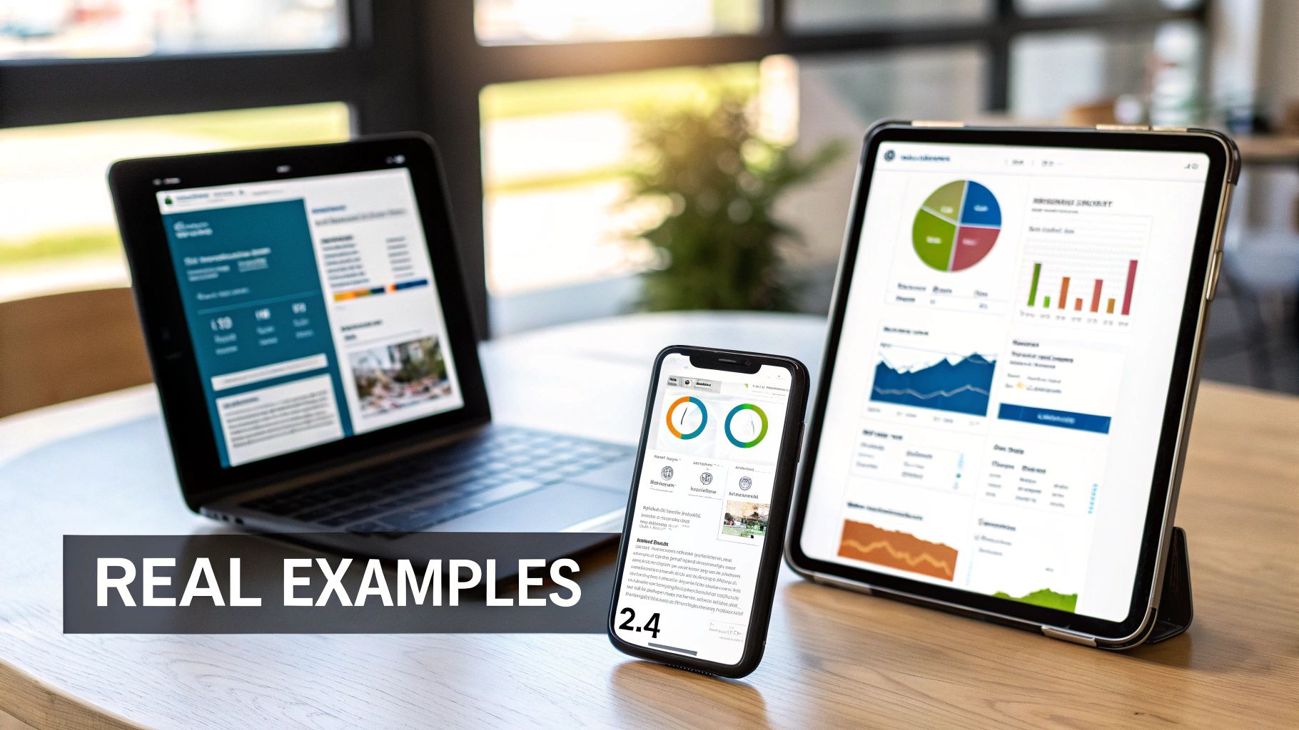 Three digital devices showcasing data analytics and business intelligence dashboards in a modern office.