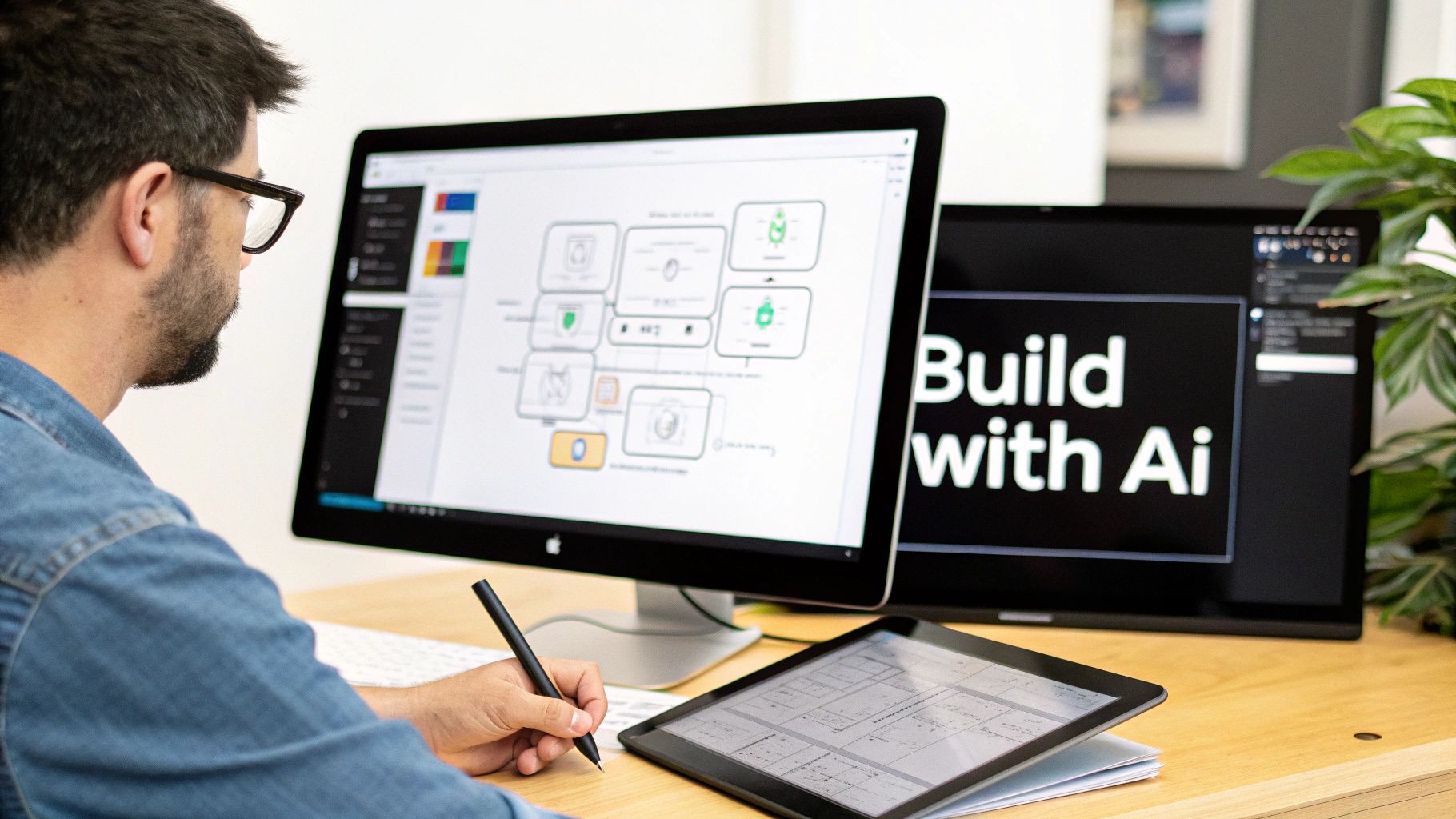 A developer uses a stylus and tablet while viewing app diagrams on a large monitor, with "Build with Ai" on another.