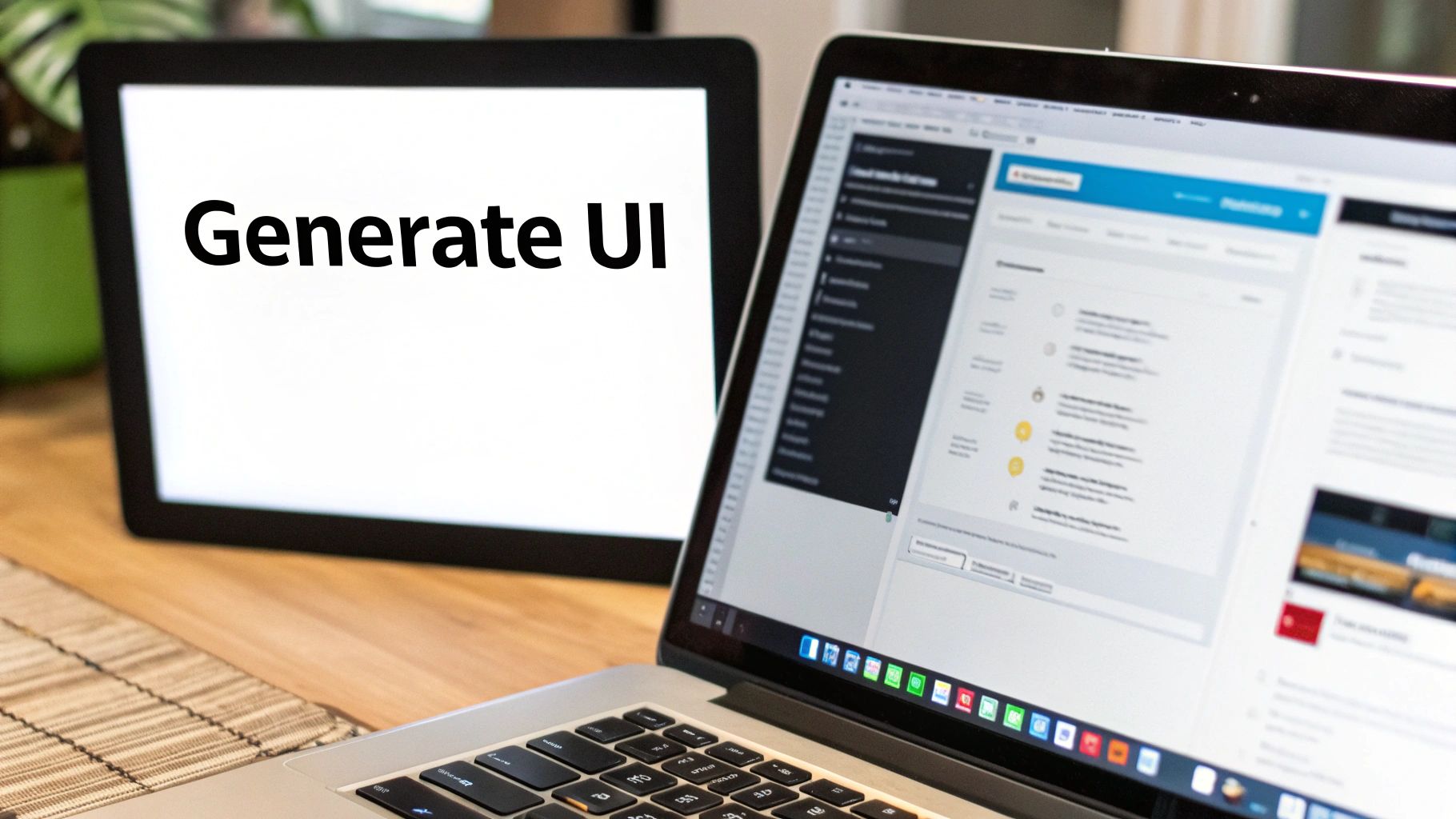 A tablet displaying 'Generate UI' text beside a laptop showing a software development interface.