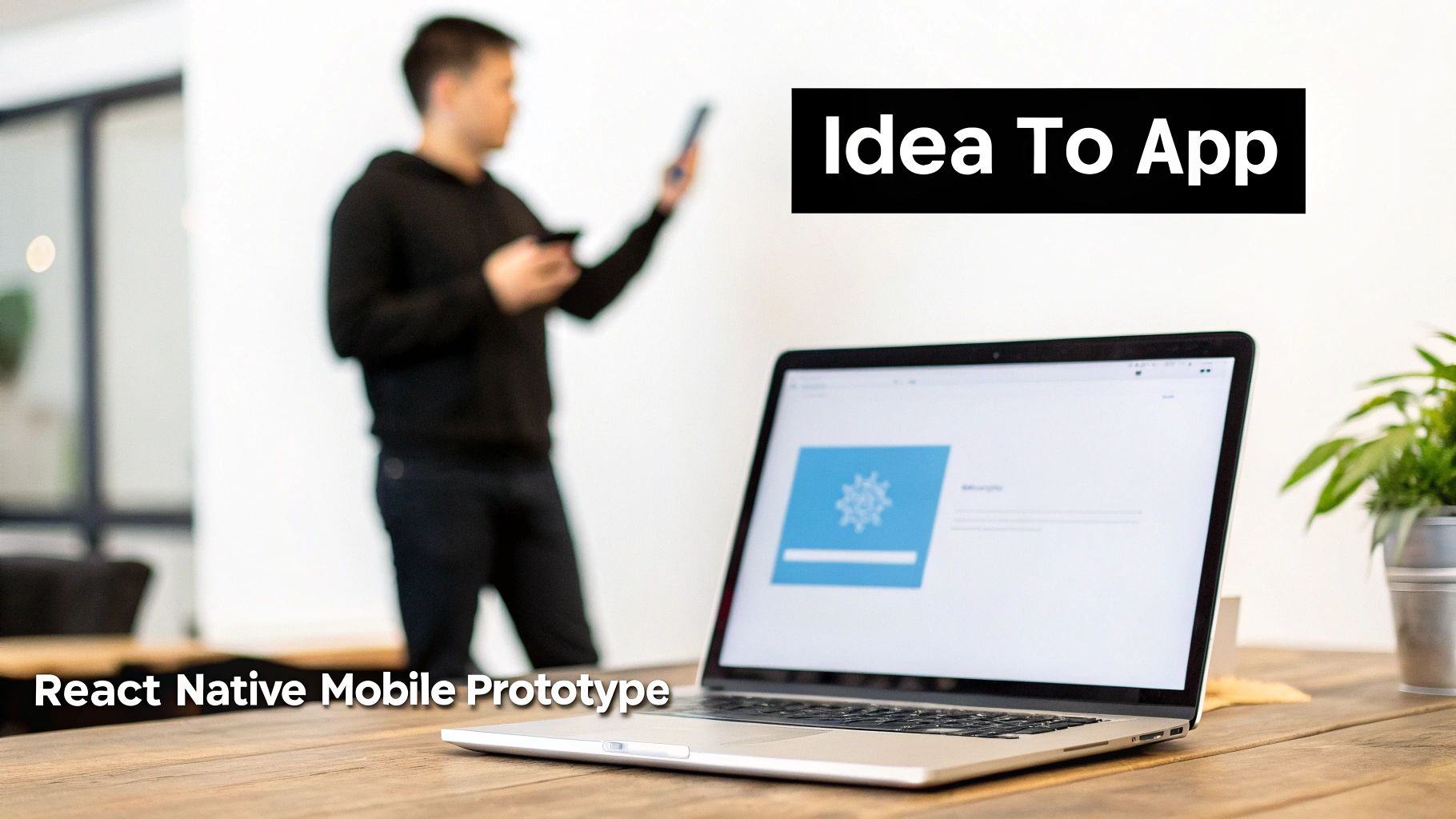 A laptop displaying a React Native prototype on a wooden desk with a blurred developer in the background.