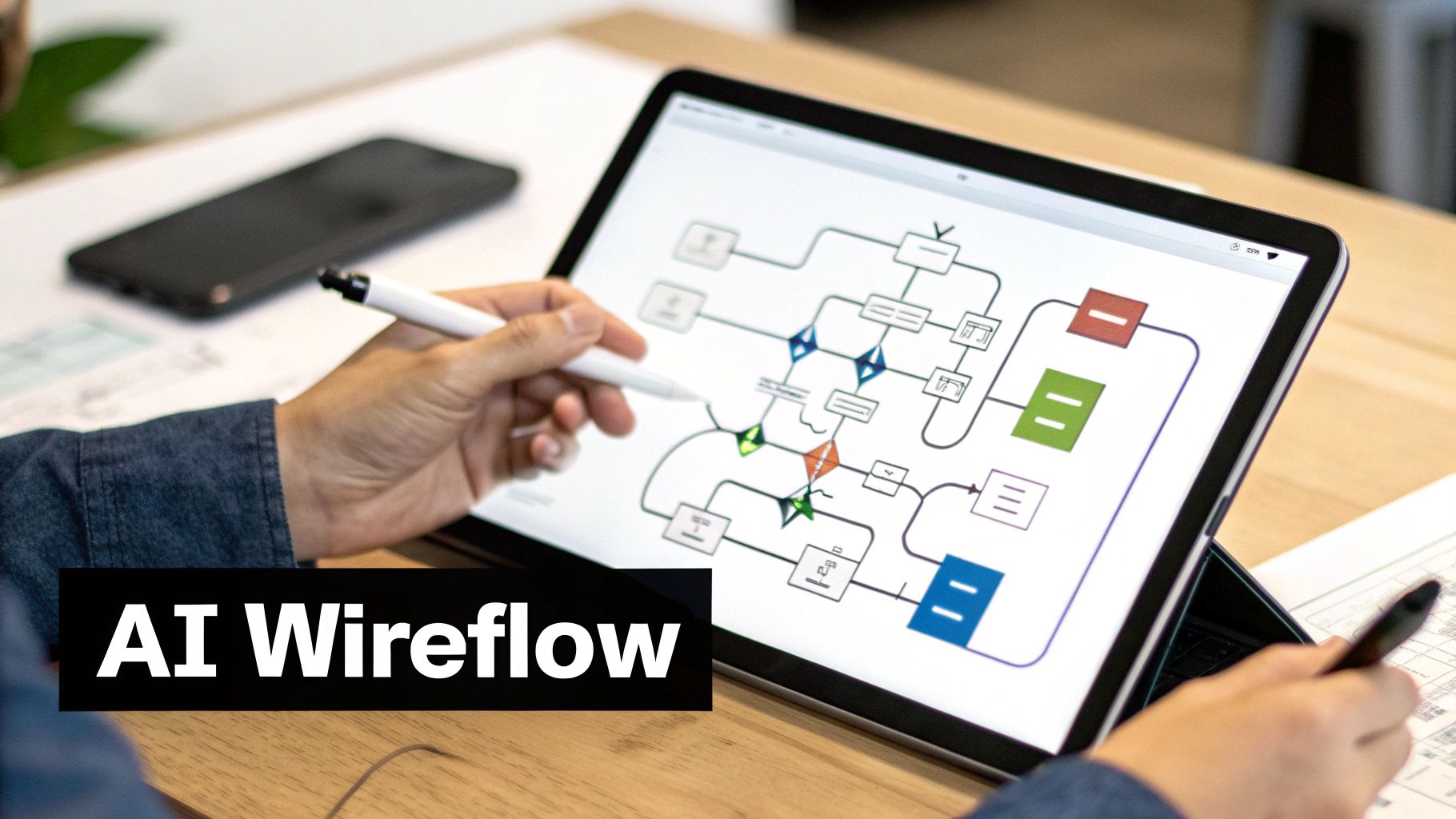 A person using a stylus on a tablet displaying a complex AI wireflow diagram on a wooden desk.