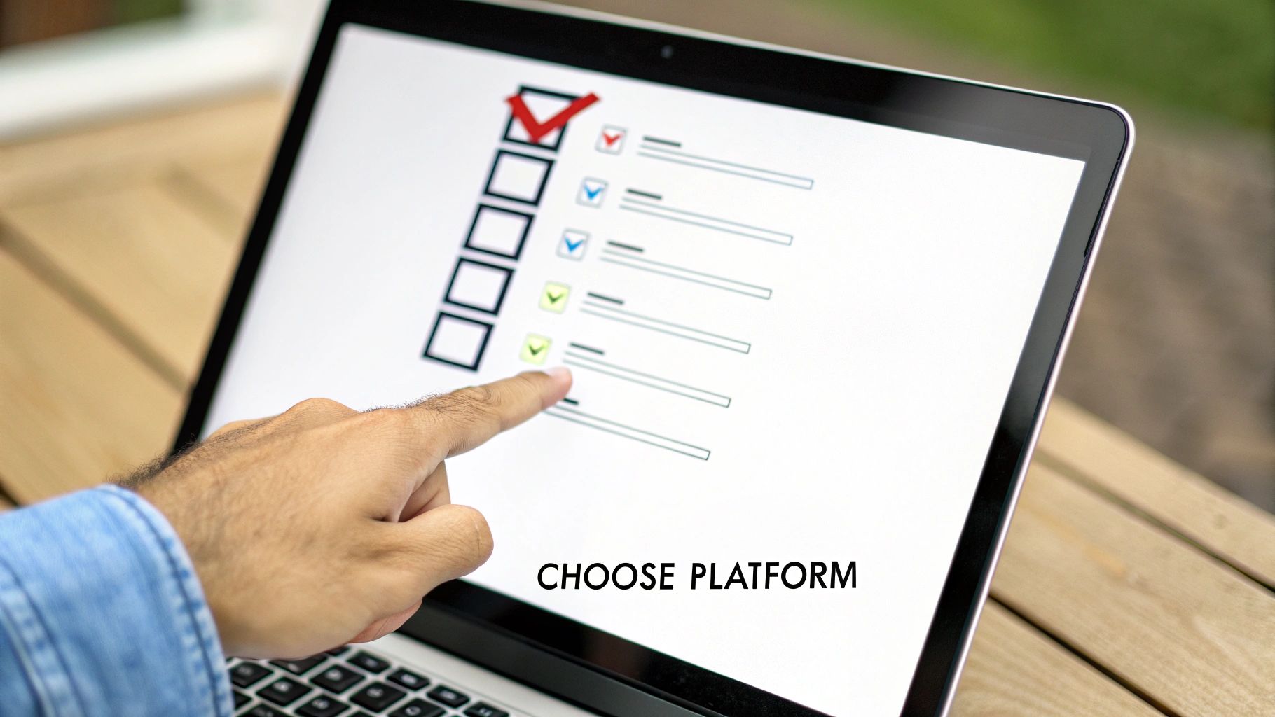 A hand points at a laptop screen displaying an online checklist with options and 'CHOOSE PLATFORM' text.