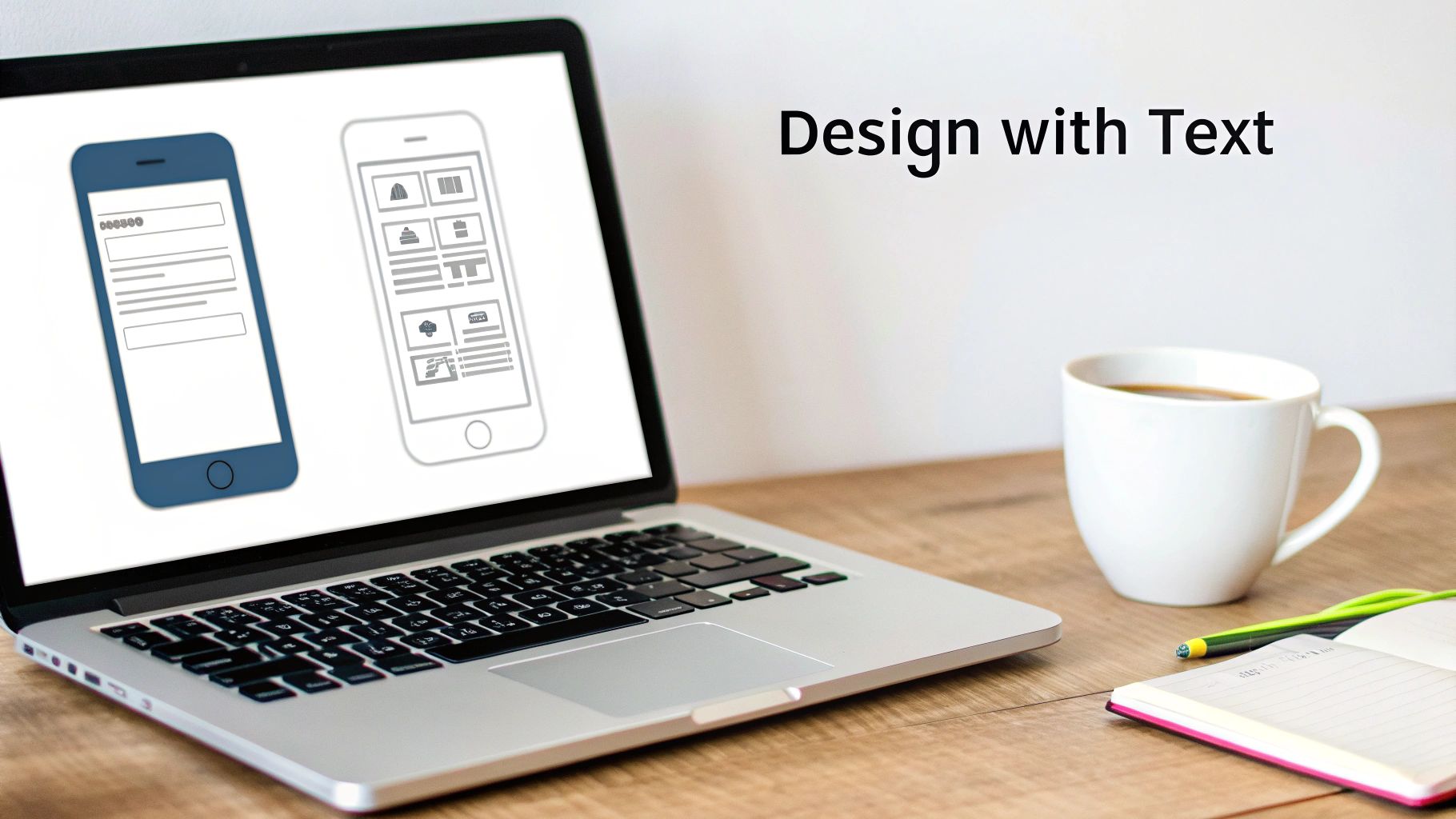 Laptop displaying mobile app wireframe mockups on wooden desk with coffee and notebook