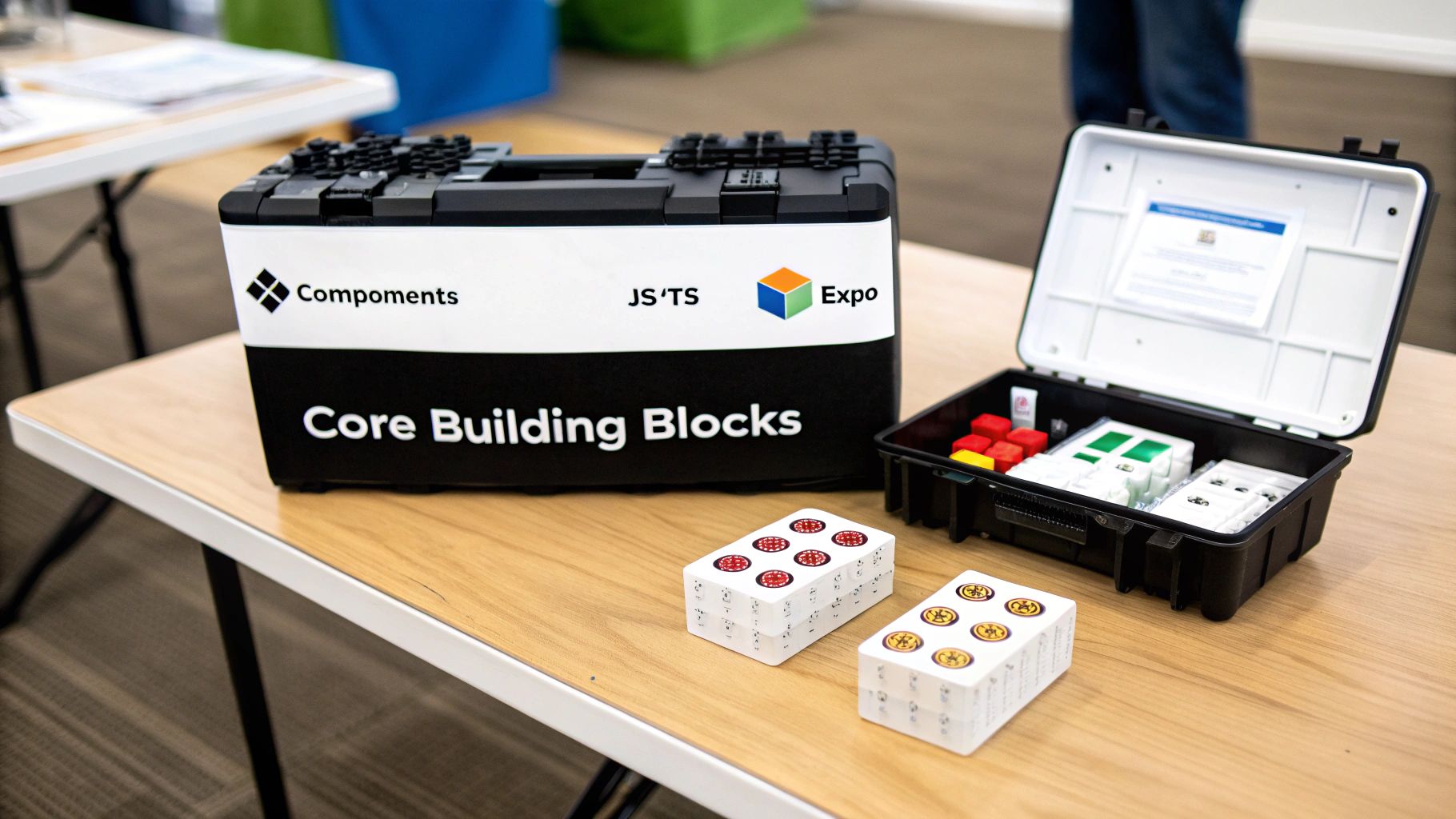 A black and white box labeled 'Core Building Blocks' with an open tech kit on a wooden table.