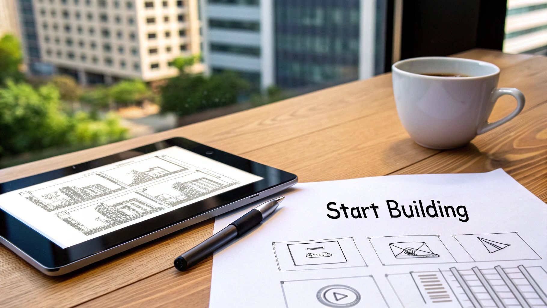 A person sketching an app's user flow on a notepad with a pen.