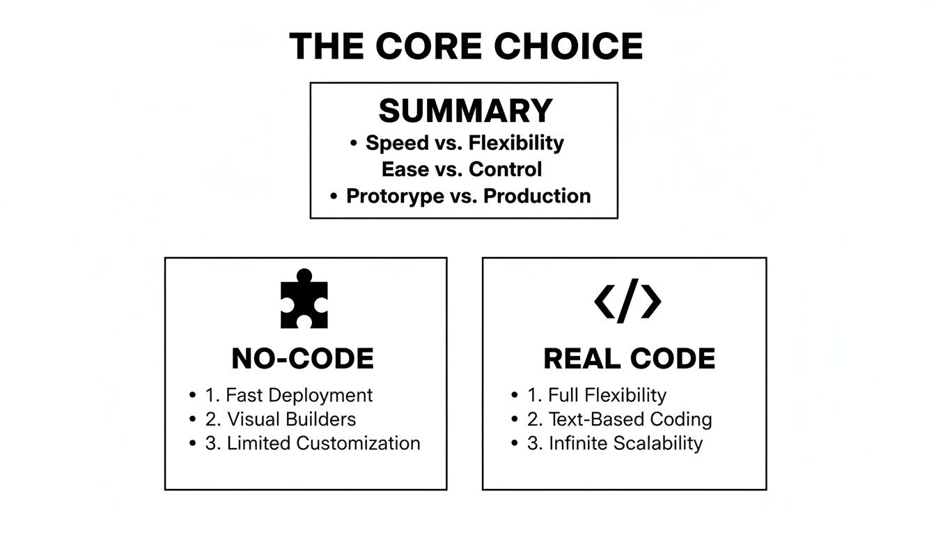 A diagram comparing No-Code and Real Code development, highlighting their features and trade-offs.