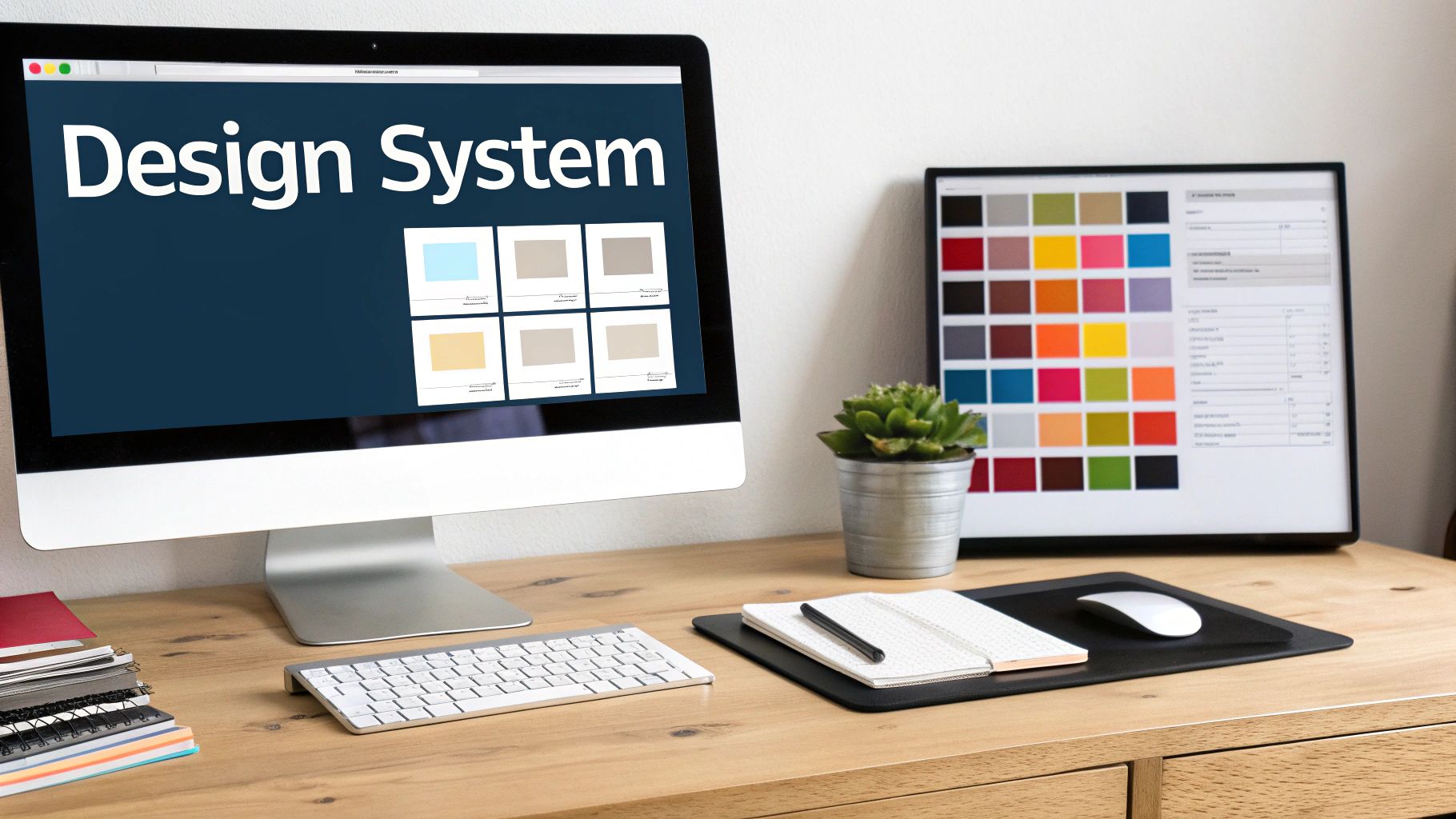 A modern desk with two computer monitors showcasing a design system and color palette.