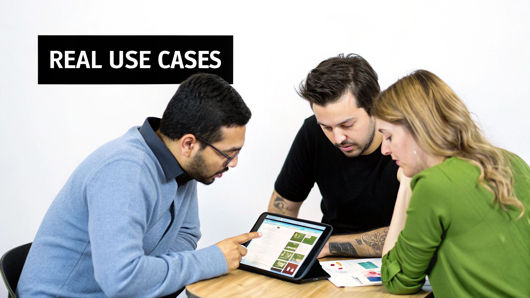 Three colleagues collaborating around a tablet, discussing real use cases for an application.