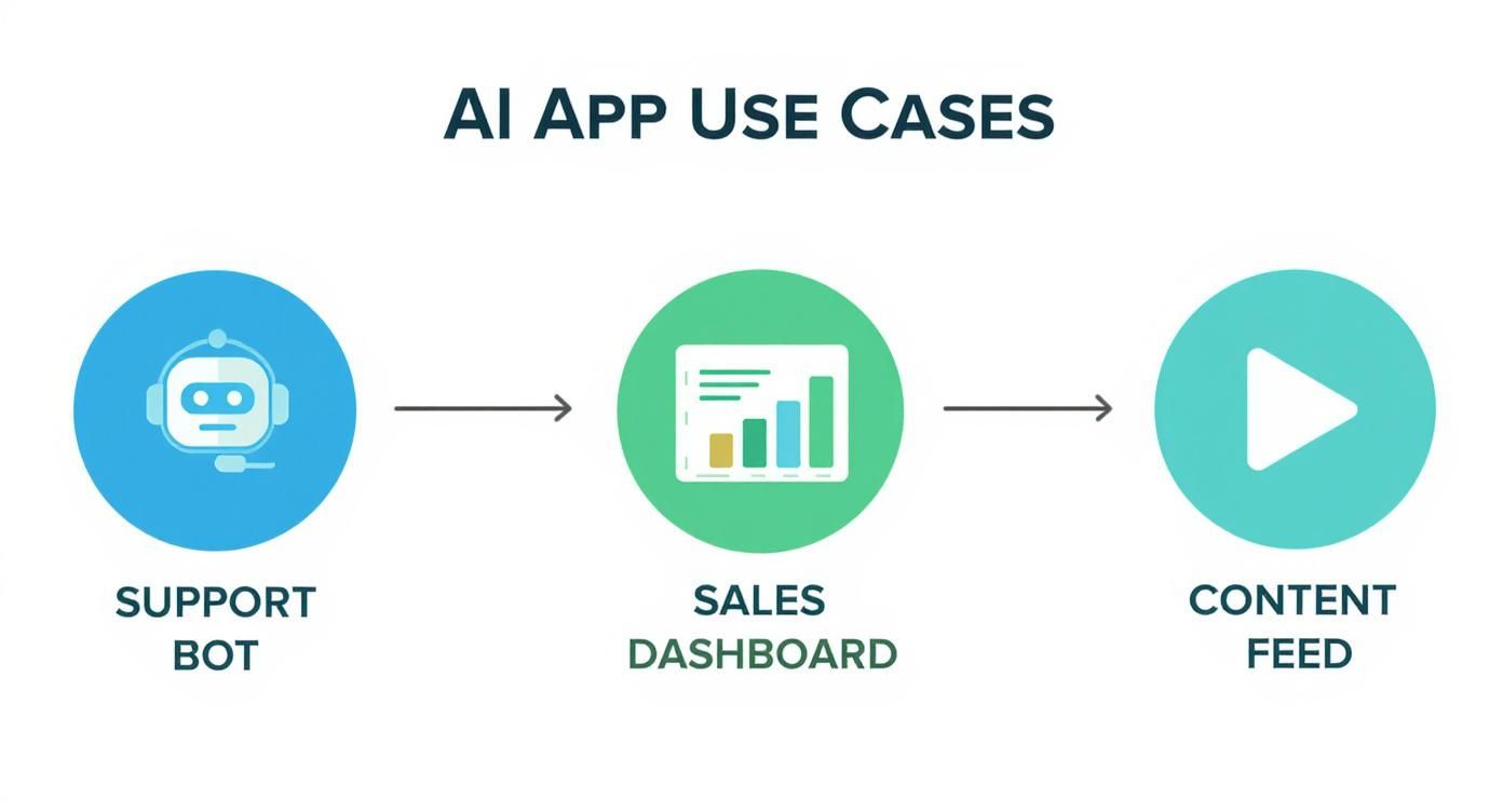 Flowchart illustrating AI app use cases: Support Bot, Sales Dashboard, and Content Feed.