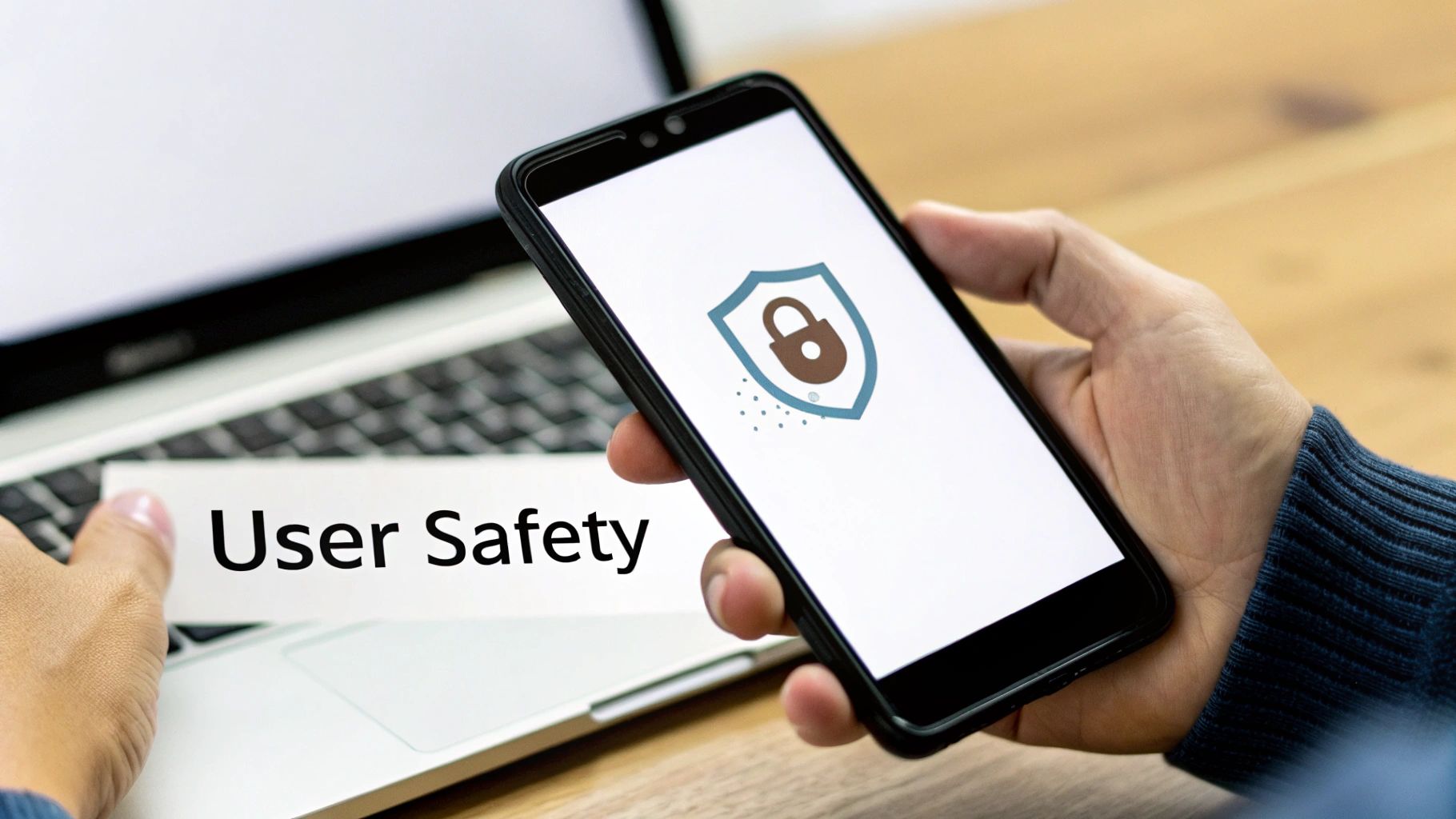 A hand holds a smartphone displaying a security shield icon, while another places a 'User Safety' card on a laptop.