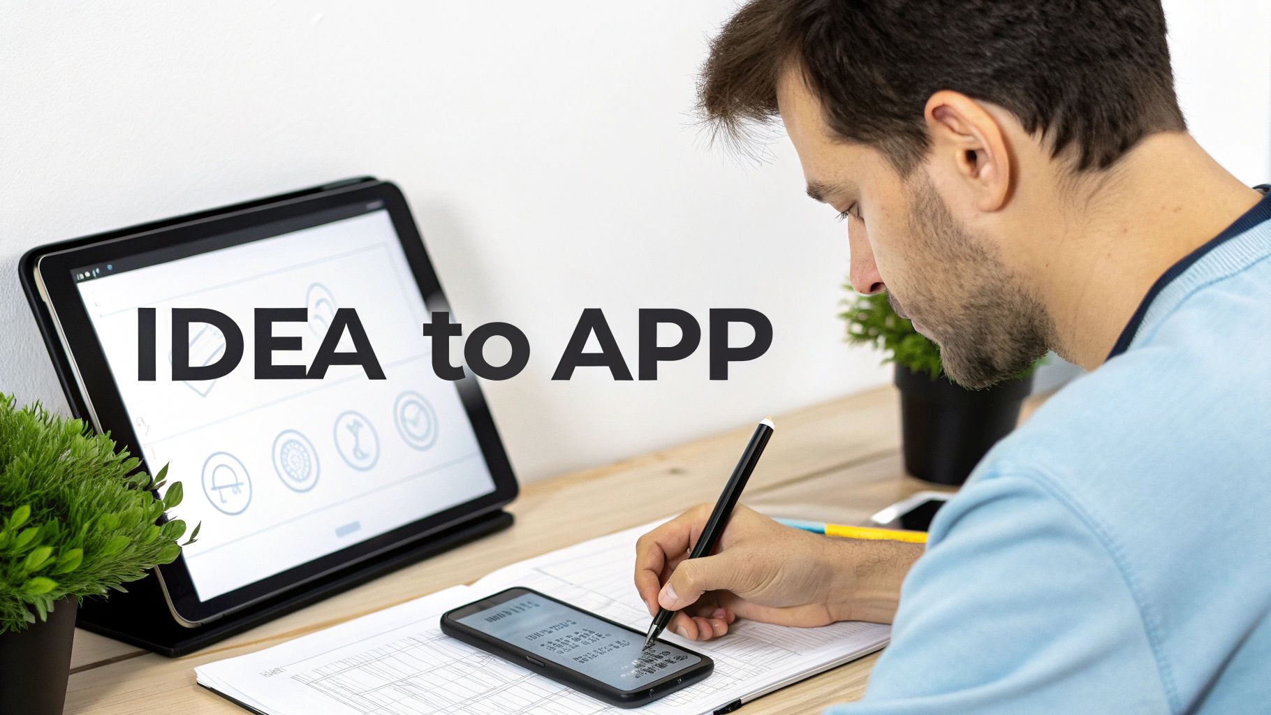 Man sketching app ideas and designs with a stylus, turning an 'IDEA to APP'.