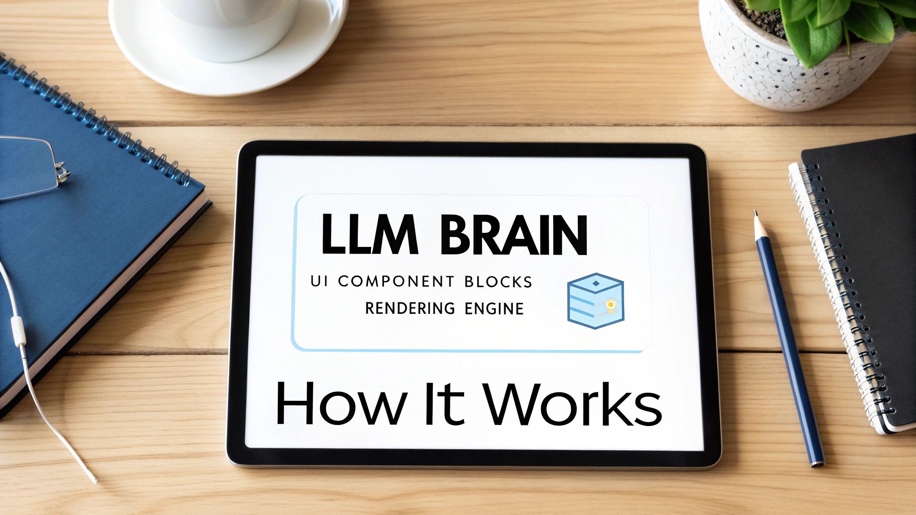 A workspace flat lay with a tablet displaying 'LLM BRAIN: How It Works' along with office supplies.