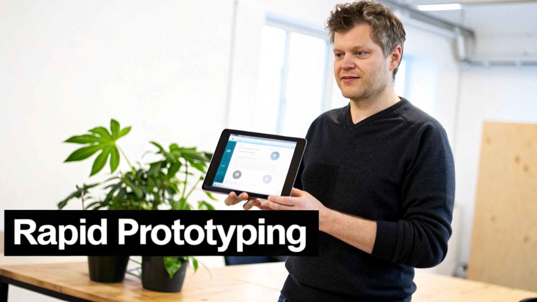 A man demonstrates an app on a tablet, illustrating rapid prototyping with green plants.