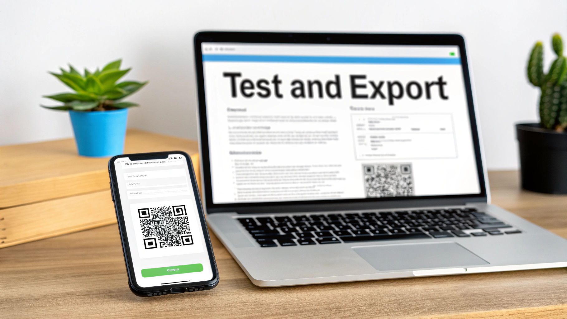 A laptop and a smartphone displaying QR codes for testing and exporting data on a wooden desk.