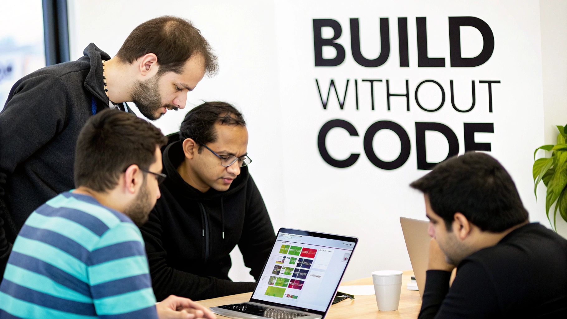 Four men collaborate around a laptop in an office, with a 'Build Without Code' sign in the background.