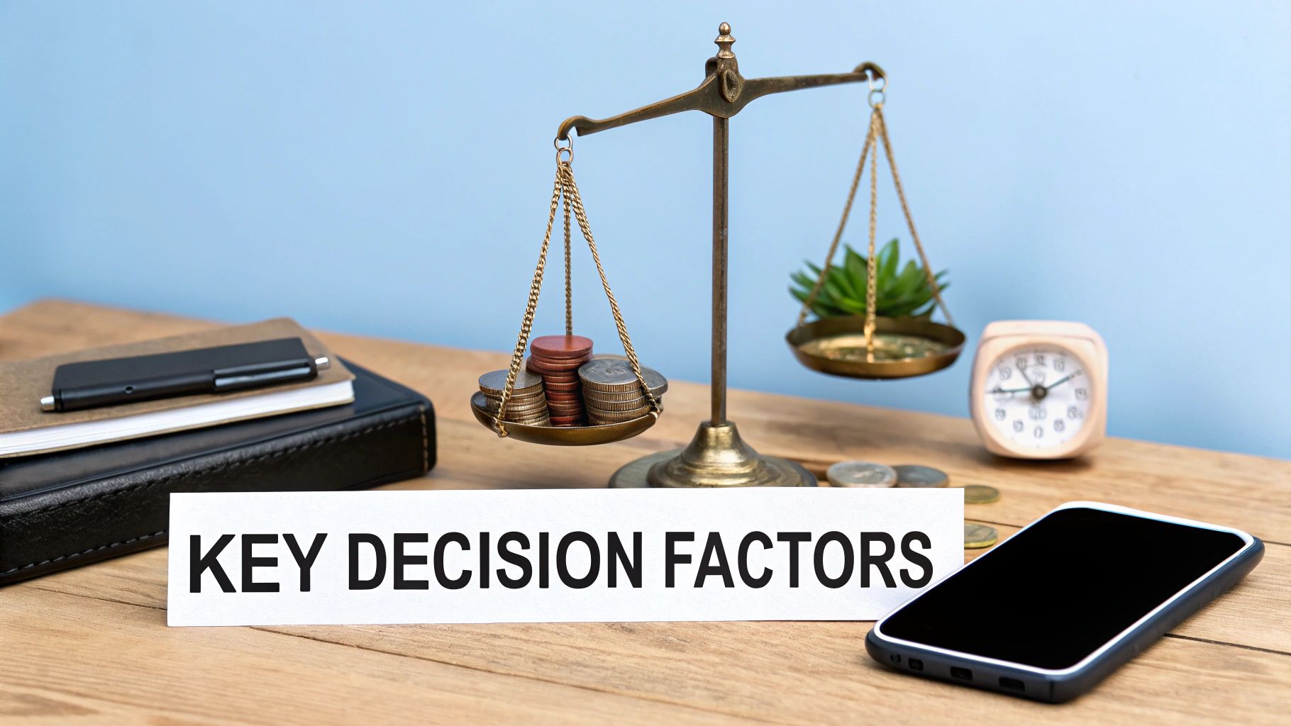 A balanced scale weighing different aspects of native and hybrid app development.