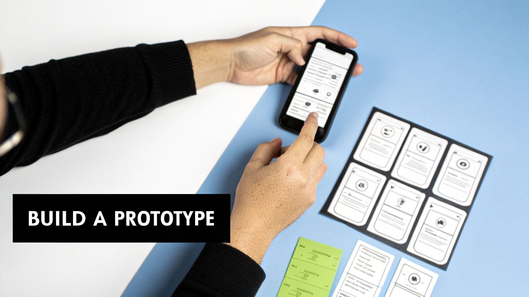 A person using a mobile prototype builder on a laptop, with the app's interface reflected on a smartphone screen beside it.